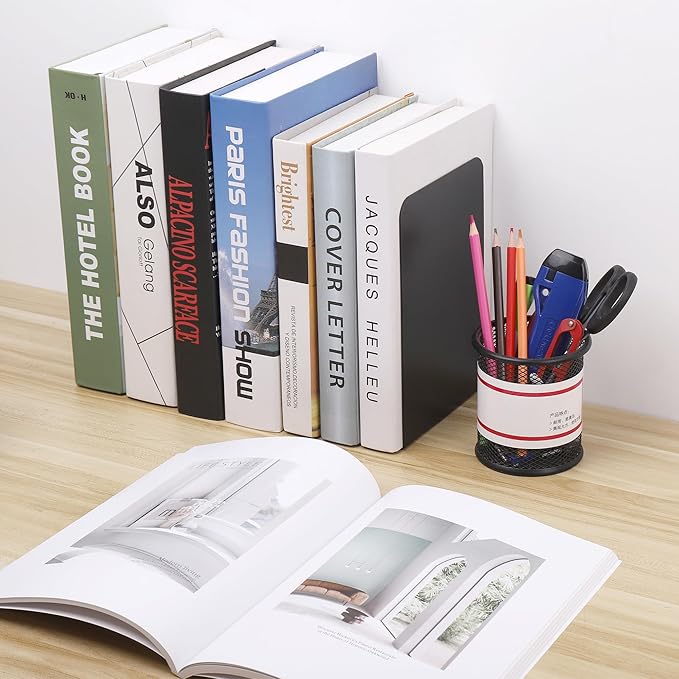 JIANTA Large Book Ends, Heavy Duty Metal Bookends, 2 Pairs/4 Pieces Book Stopper, Book Ends Support for Shelves, Black Non-Slip Bookshelf Holder Stand for Home Office Library School (8 x 5.3 x 4 in)