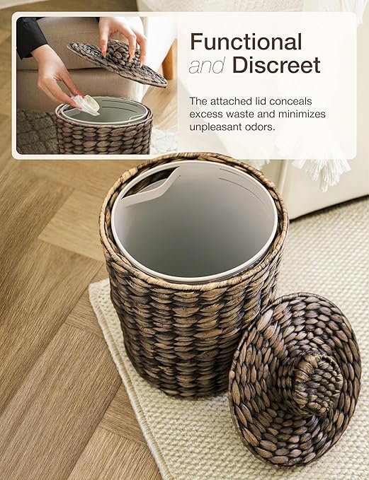 Tidita 2 Gallons Wicker Waste Basket - Water Hyacinth Bathroom Trash Can - Garbage Can with Lid Boho Style - Wicker Trash Can with Lid for Bedroom, Kitchen - Removable Liner, Handwoven (Black Color)