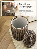 Tidita 2 Gallons Wicker Waste Basket - Water Hyacinth Bathroom Trash Can - Garbage Can with Lid Boho Style - Wicker Trash Can with Lid for Bedroom, Kitchen - Removable Liner, Handwoven (Black Color)