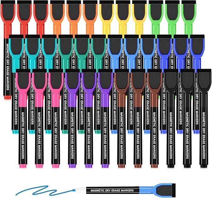 SUQJOY Magnetic Dry Erase Markers with Eraser Caps, Fine Tip 1-2mm, Low Odor Quick Dry Ink, 12 Colors, Whiteboard Marker Set for Fridge Calendar Office, 36 Count