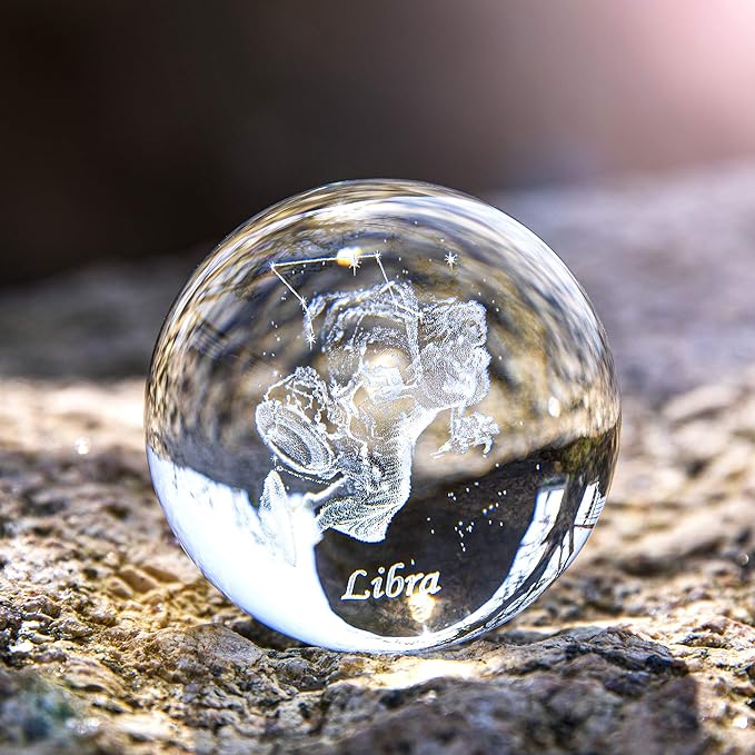 3D Laser Constellation Crystal Ball Crystal Paperweight Full Sphere Glass Fengshui with Sliver-Plated Flowering Stand(Libra)