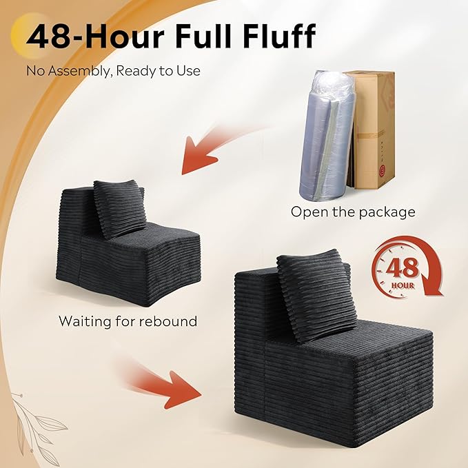 WLIVE 32'' Boneless Couch for Living Room, Modular Sectional Sofa, Cloud Memory Foam Couch L Shape with Chaise, Black
