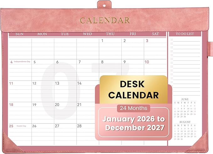 Yoment Desk Calendar 2026-2027, Jan 2026-Dec 2027, Large Desk Calendar with To-Do Lists, 24 Months Leather Desk Pad Wall Calendar with PVC Cover for Work Office School Home Women Men, 17 x 12, Pink