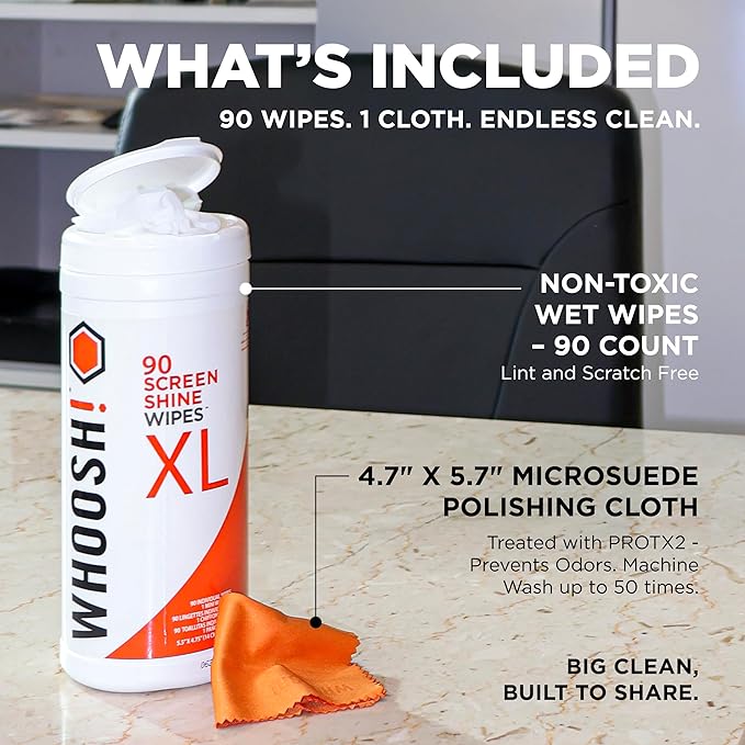 WHOOSH! Screen Shine 90 Count Touch Screen Cleaner Wipes for Car, OLED, TV, Eyeglasses, Laptop – Lint-Free, Non-Abrasive Wipes – Streak-Free Finish – Non-Toxic & Odorless – Microsuede Cloth Included