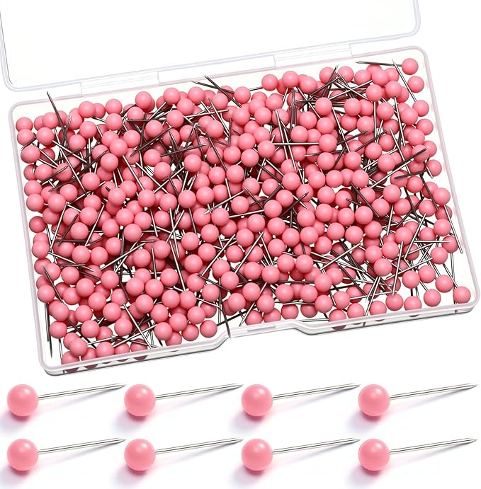WILLBOND 500 Pack Map Push Pins Map Tacks Small Round Head Push Pins Thumb Tacks for Travel Picture Photo Bulletin Board Wall DIY Craft School Office Home(Pink,1/6 Inch)