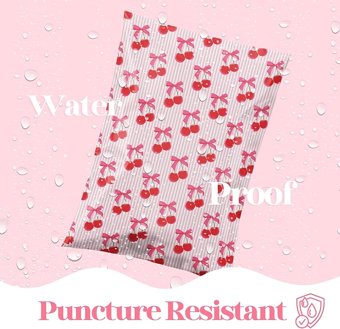 Pretty Package Store 6x9 Designer Poly Mailer 100 Pack Heavy Duty Waterproof Self Seal Shipping Bags for Small Business Large Mailing Envelopes Bulk Tear Resistant Packaging Pink Stripe Cherry Fruit