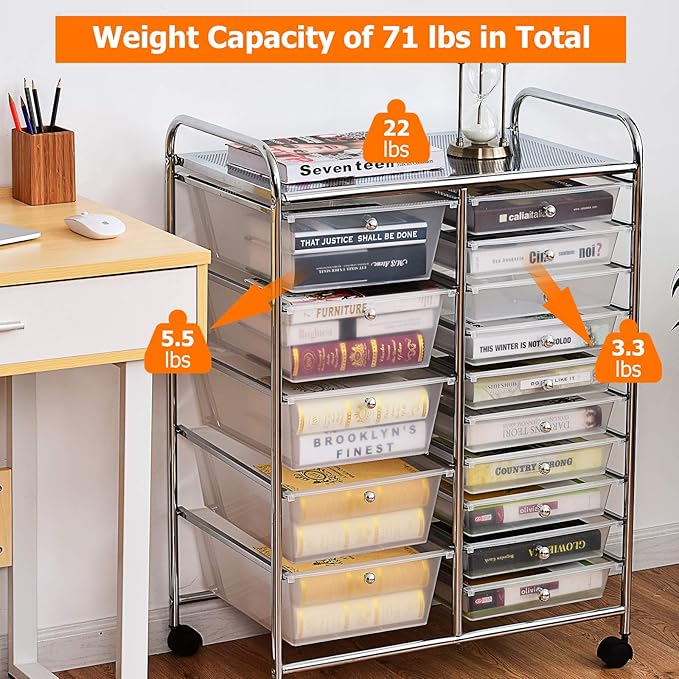 GLACER 15 Drawers Rolling Cart, Storage Cart with w/Removable Drawers & Steel Frame, Multipurpose Organizer Cart w/Sleek Handle, Utility Cart on Lockable Wheels for Home, School, Office (Clear)