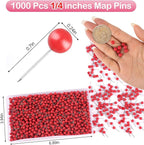 1000 Pcs Multi-Color Push Pins, Map Pins for Travel Map, Small Map Tacks with Plastic Beads Head for Cork Board (Red, 1/4 ")