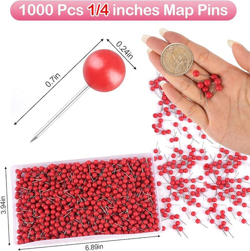 1000 Pcs Multi-Color Push Pins, Map Pins for Travel Map, Small Map Tacks with Plastic Beads Head for Cork Board (Red, 1/4 ")