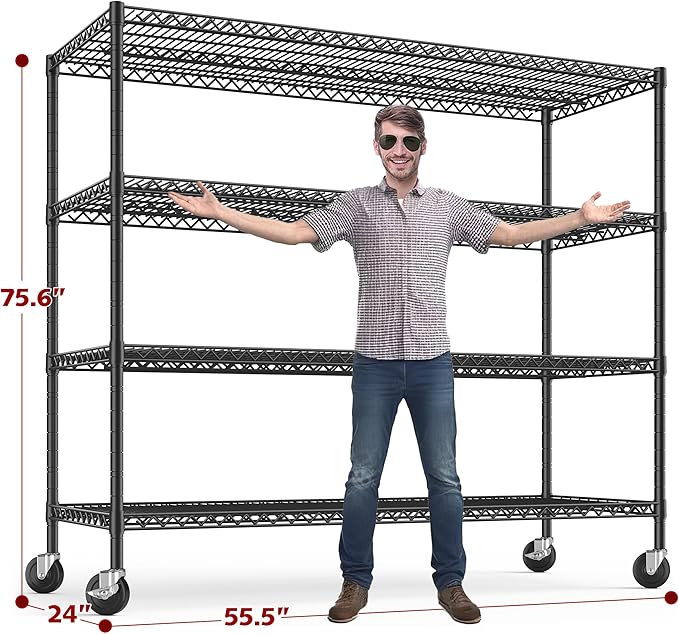 REIBII 75.6" H Storage Shelves Metal Shelving Unit with Wheels 55''W Garage Shelving Heavy Duty Wire Shelves for Storage Rack Adjustable Pantry Shelf Commercial Industrial Shelving,55.5''W X 24" D