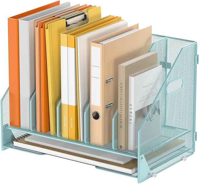 OrgMate Desk File Folder Holder Organizer-5 Vertical Compartments Racks and Paper Letter Tray,Mesh Magazine File Holder Sorter,Desktop Accessories & Workspace Organizers for Home,Office,School-Blue