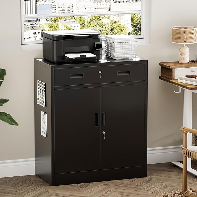 TaskStorz Metal Storage Cabinet 36" H, Garage Storage Cabinet with 2 Lockable Doors and 1 Drawer, Steel File Cabinets with Adjustable Shelves for Home Office, Garage, School, Apartment, Warehouse