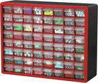 Akro-Mils 64-Drawer Plastic Drawer Storage Cabinet for Garage Organization, Bead Organizer, Building Bricks Storage, Teacher Toolbox, Makeup Organizer, 20-Inch W x 6-Inch D x 16-Inch H, 10164 Red