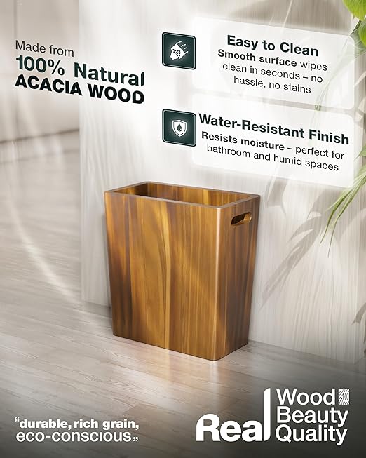 BLUEWEST 2.6 Gallons Wooden Wastebaskets – Solid Acacia Wood Trash Can with Handles, Rectangular Bin for Bathroom, Bedroom, Kitchen, Office – Brown Decorative Basket for Living Room or Under Counter