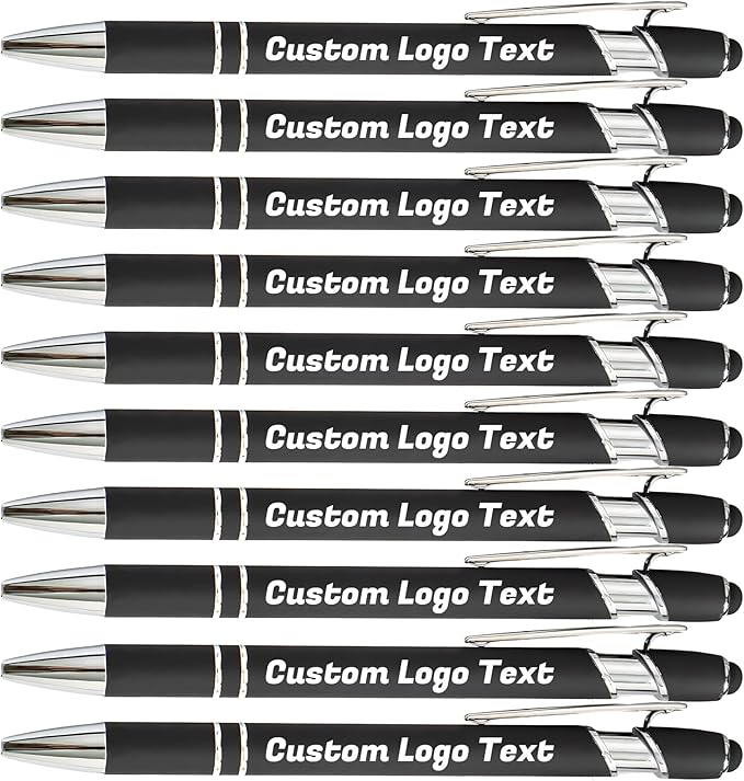HEYZARDA Personalized Pens with Name Text Logo Custom Ballpoint Pen for Business Office Events with Stylus for Touchscreen 10 Pcs Black