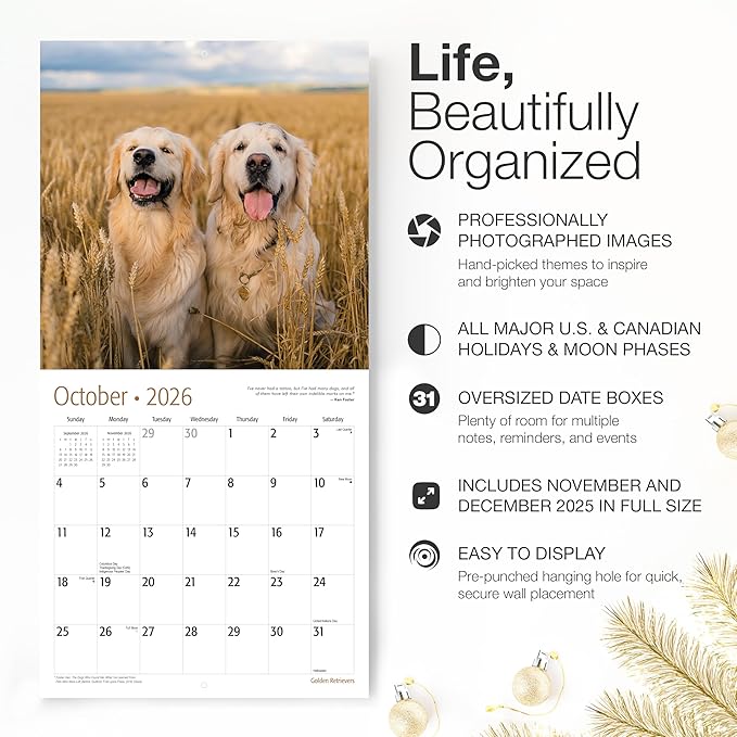 RED EMBER Golden Retrievers 2026 Wall Calendar 12 Month | 12" x 24" Open | Thick & Sturdy Paper | Holiday Gift | Cute Puppy Dog Calendar 2026