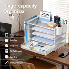 OPNICE Desk Organizer, 5-Tier Paper File Organizer with Drawer & Pen Holder, Office Desk Accessories, Workspace Desktop Organizer for Office Supplies(White)
