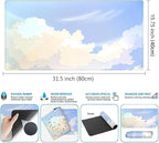 Blue Cloud XXL Large Extended Gaming Mouse Pad Computer Mat Aesthetics Mousepad, Office Decor Desk Pad, Laptop Keyboard and Mouse Mat, Non-Slip Desk Matt with Stitched Edge, 31.5''x15.7''