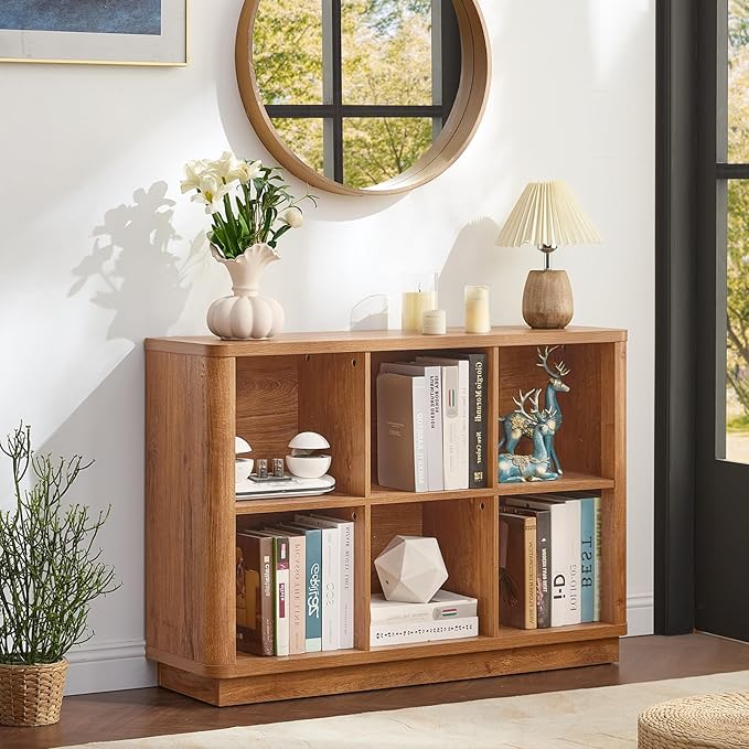 Joaxswe 6 Cube Storage Book Shelf, 40" Wide Low Horizontal Bookcase with Curved Edge, Floor Standing 2-Tier Wooden Bookshelf with Base, Modern Short Book Case for Bedroom, Study, Entryway, Brown