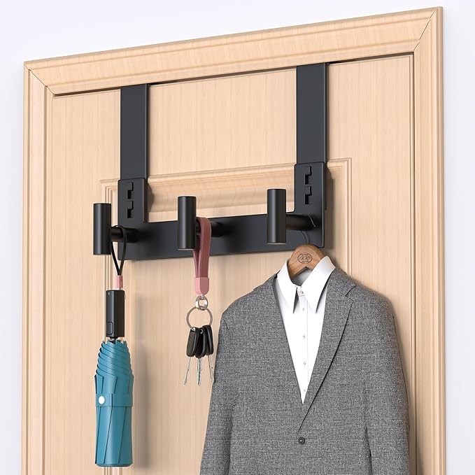 PMMASTO Over The Door Hooks, Fits 1-3/4" Thick Door No Drill Hooks for Closet Bathroom Bedroom Organization, Hanger for Coat Towel Robe (Black, 3 T-Hooks)