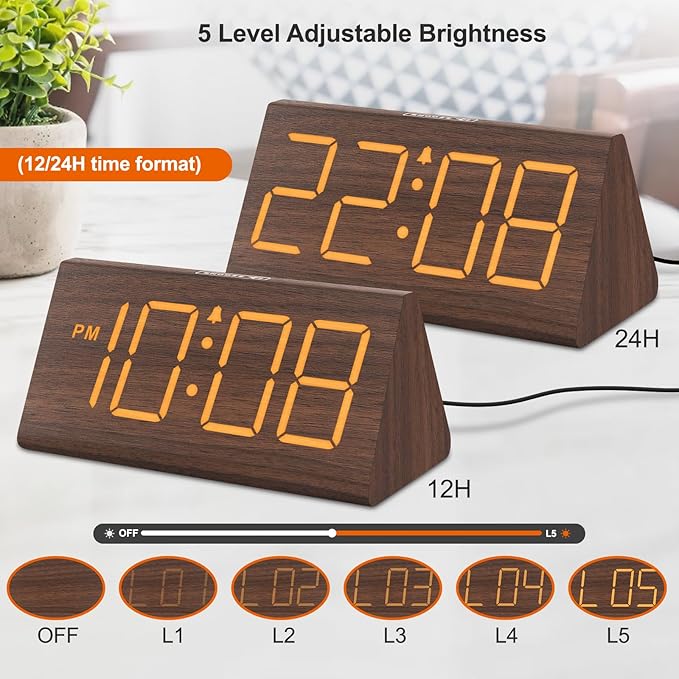 DreamSky Wooden Digital Alarm Clocks for Bedrooms - Electric Desk Clock with Large Numbers, USB Port, Loud Alarm for Heavy Sleepers, Adjustable Volume, Dimmer, Snooze, DST, Wood Décor, Adapter Powered