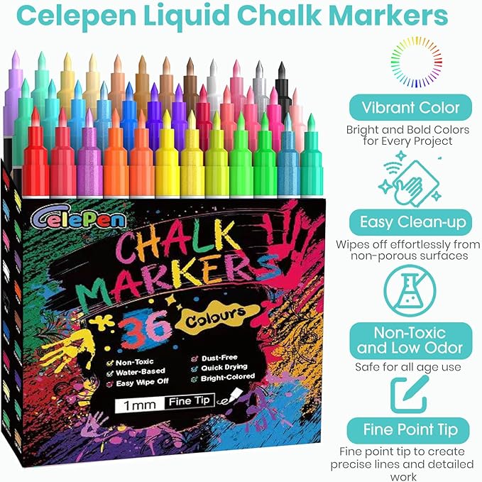 Extra Fine Tip Liquid Chalk Markers for Chalkboard, 36 Colors Window Liquid Chalk Marker Pens with 1mm Fine Tips, Washable Erasable Wet Erase Marker Pens Set for Bistro, Car Glass, Poster, Blackboard