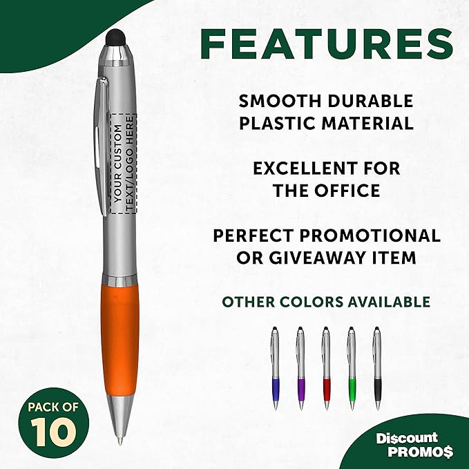 DISCOUNT PROMOS Custom Stylus Ballpoint Pens Set of 10, Personalized Bulk Pack - Black Ink, Great for Office, School, Business, Tradeshows, Events - Orange