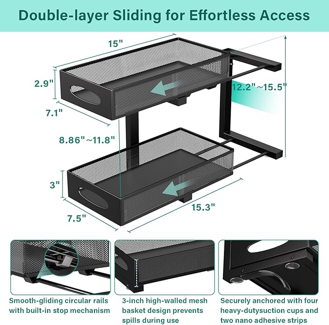 Beleeb Under Sink Organizer, 2-Pack of 2-Tier Metal Slide Out Pull Out Cabinet Organizer Shelf, Height Adjustable Organization and Storage Series, Bathroom/Desktop/Cabinet/Kitchen Organization, Black