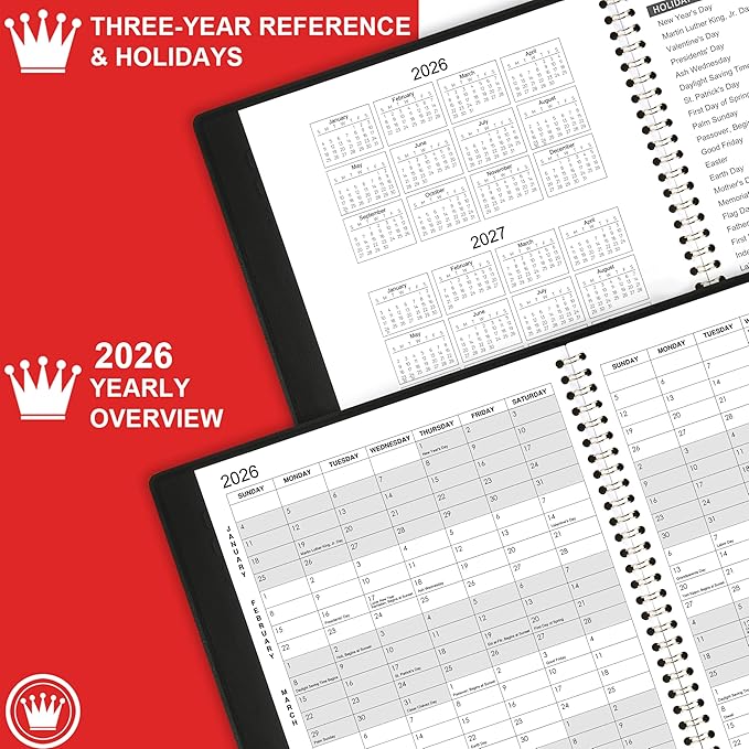 2026 Monthly Planner/Calendar - Jan 2026 - Dec 2026, Monthly Planner 2026, 12 Months, Faux Leather, 8.86" x 11.4", 15 Notes Pages, Strong Twin - Wire Binding, Tabs, Perfect Organizer - Black