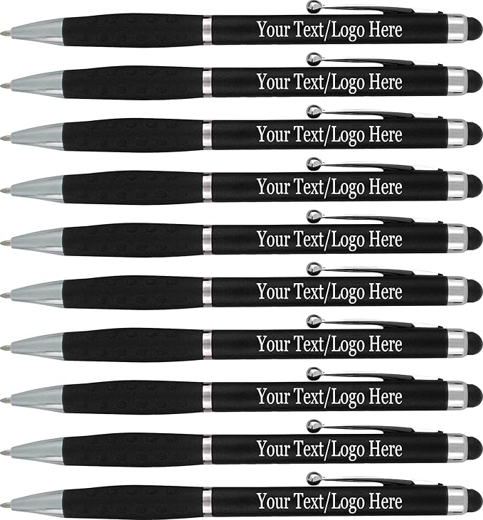 SyPen Personalized Stylus Pens With your Custom Logo or Text-300 Pack Bulk-for Businesses, Parties, and Events, 2 in 1 Ballpoint Pen & Stylus for Touchscreen Devices, Black Barrel, Black Ink