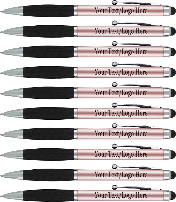 SyPen Personalized Pens With your Custom Logo or Text-300 Pack Bulk-for Businesses, Parties, and Events, 2 in 1 Ballpoint Pen & Stylus forTouchscreen Devices, Rose Gold Barrel, Black Ink