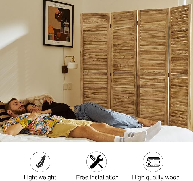 Room Partitions and Dividers, Temporary Wall with Double Hinges, 5.6 Ft Tall Folding Louver Wood Screen for Home Office Bedroom Hotel Decoration (4 Panels, Wood Color)