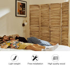 Room Partitions and Dividers, Temporary Wall with Double Hinges, 5.6 Ft Tall Folding Louver Wood Screen for Home Office Bedroom Hotel Decoration (4 Panels, Wood Color)