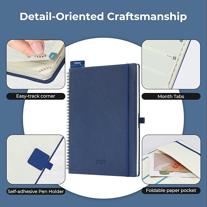 IN-LUXPRO Planner 2026 Daily Weekly and Monthly,11.5"x8.5",12 Months Spiral Bound Calendar Agenda with Self-adhesive Pen Holder,2026 Appointment Book with Vegan Leather Soft Cover,Blue