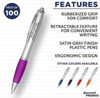 DISCOUNT PROMOS Personalized Ballpoint Pens With Rubber Grip, 100 pack Customizable Ergonomic Click-to-Write Custom Writing Pens for School with Black Ink, Purple
