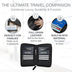 Full Grain Leather Family Passport Holder for 4 Passports - RFID Passport Holder and Travel Document Organizer - Large Leather Travel Wallet for Families - Black