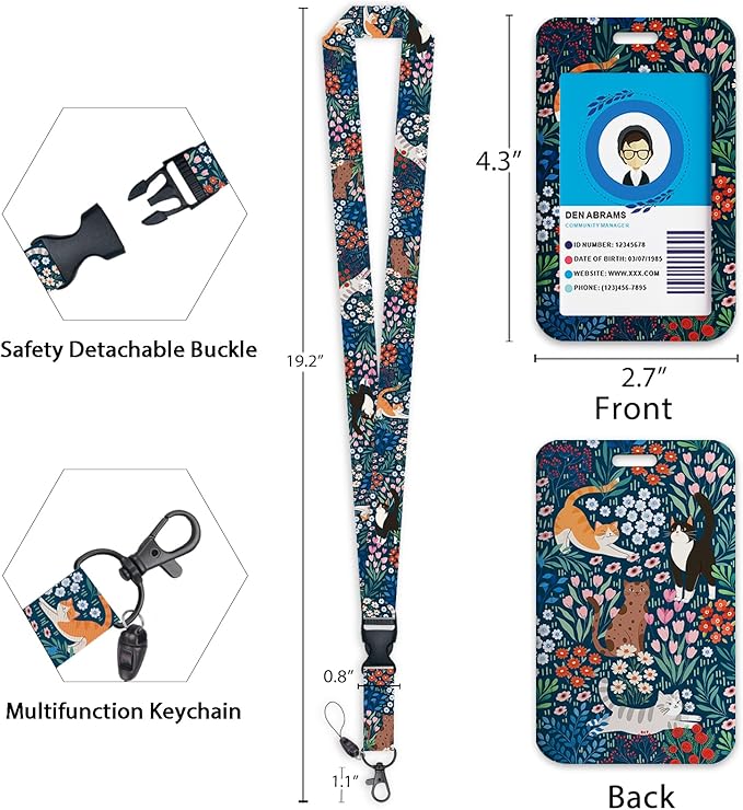 Giancomics Floral Cats Lanyards for Id Badges, Flower ID Badge Holder with Retractable Reel, Teacher Lanyard with Keychain Key Clip Carabiner Name Tag Card Holder Protector Office Women Gift