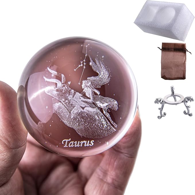 3D Laser Constellation Crystal Ball Crystal Paperweight Full Sphere Glass Fengshui with Sliver-Plated Flowering Stand(Taurus)