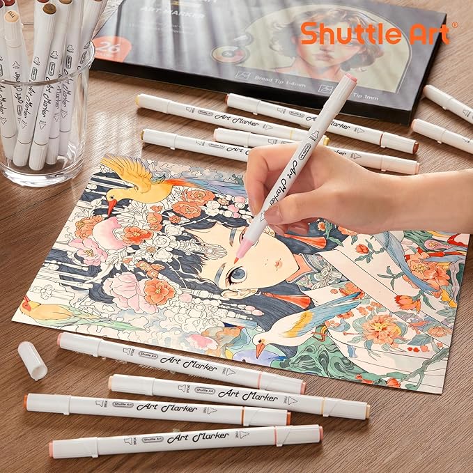 Shuttle Art 26 Colors Skin Tone&Hair Art Markers, Dual Tip Alcohol Based Flesh-Color Marker Pen Set Contains 1 Blender Perfect for Kids & Adults Portrait,Comic, Anime, Manga, Illustration