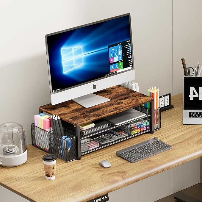 OPNICE Wood Desk Organizers and Accessories, 2-Tier Computer Monitor Stand Riser with Drawer and 2 Pen Holders, Laptop Stand, Office Desk Accessories for Office Supplies, Brown