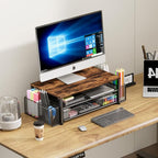 OPNICE Wood Desk Organizers and Accessories, 2-Tier Computer Monitor Stand Riser with Drawer and 2 Pen Holders, Laptop Stand, Office Desk Accessories for Office Supplies, Brown