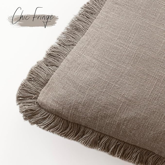 Foindtower Set of 2 Decorative Linen Fringe Lumbar Throw Pillow Covers Boho Farmhouse Cushion Cover with Tassels Soft Accent Pillowcase for Couch Sofa Bed Living Room Home Decor,12×20 Inch,Brown Tan