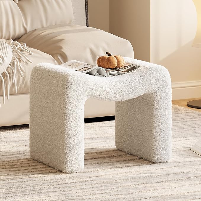 ZYKZYK Ottoman Vanity Seat, Plush Velvet Backless Stool and Small Foot Rest, Modern Accent Seating for Bedroom, Makeup Table or Living Room, White