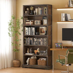 TVU 6-Tier Wooden Book Shelf, Floor-Standing Display Bookcase, 77.2" H x 31.5" W x 11" D Bookshelf, Farmhouse Style Book Case with Arched Base, Suitable for Living Room, Study, Office, Rustic Brown