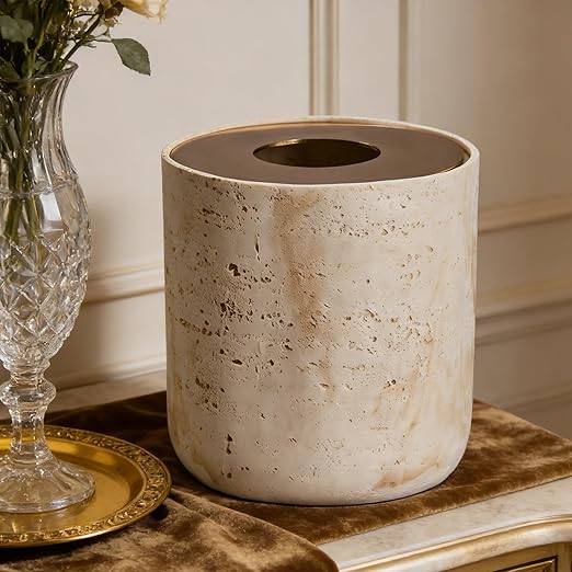 Natural Travertine Textures Mini Trash Can with Rose Gold Stainless Steel Lid, Mini Countertop Trash Can for Bathroom Kitchen, Desk or Table top Mini Garbage Can, Resin Tiny Waste Basket for Vanity