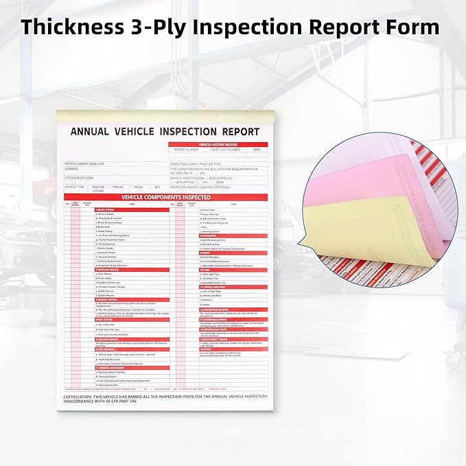 15-Pack Annual Vehicle Inspection Report Form, 3-Ply Carbonless Form and Hardboard, Includes 15-Pk 2-Ply FMCSA Vinyl Adhesive Label for Annual Inspections, DOT Compliant
