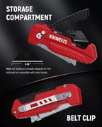 KAIWEETS Utility Knife Scraper, 2-in-1 Folding Box Cutter with Blade Storage, Heavy Duty Zinc Alloy Body, Retractable Design, 12pcs SK2 Black Blades replacement, EDC Tool for Home, Office, DIY– Red