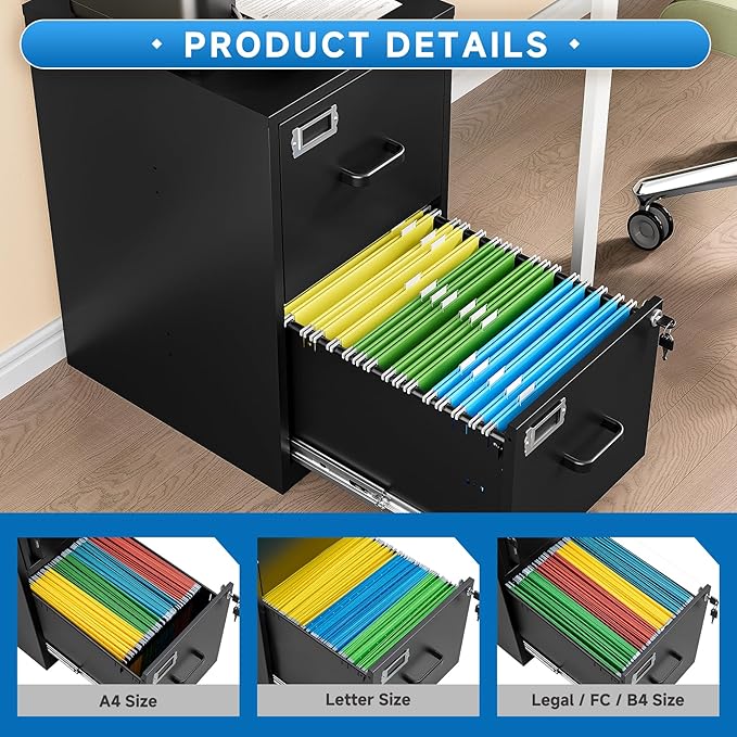BYNSOE 2 Drawer File Cabinet with Lock Vertical Filing Storage Cabinet Office Home Steel Vertical File Cabinets for Letter Size File Cabinet Locked,Assembly Required
