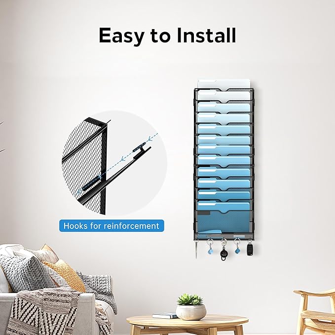 SUPEASY 13-Tier Wall File Organizer, Wall File Holder with Hooks, Mesh Hanging File Organizer, Mail Organizer Wall Mounted for Papers, Folders, Office Magazine Rack, Assembly Needed, Black