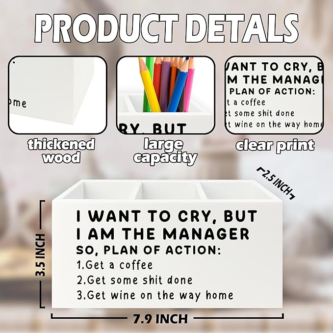 XPH Funny Pen Office Pencil Holder Organizer for Desk, Manager Gifts for Women Men, Funny Coworker Gifts Wooden Box Sign for Home Office Desk Tabletop Decorations